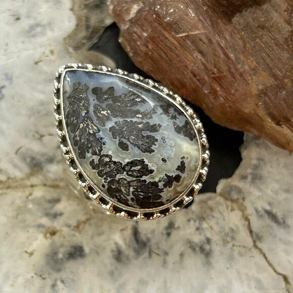 Sterling Silver Southwestern Style Teardrop Parral Dendritic Agate Ring Size 9
